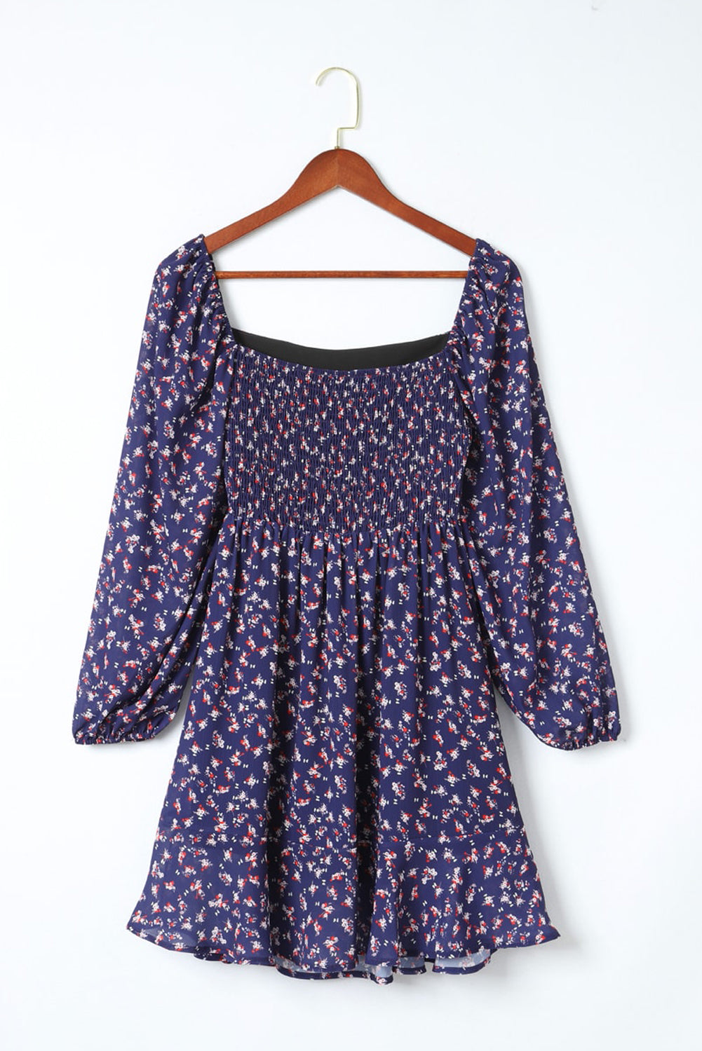 Blue Floral Print Smocked Square Neck Bubble Sleeve Dress