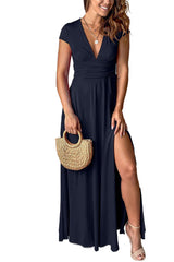 Blue Ruched V Neck Cap Sleeve Slit Maxi Dress