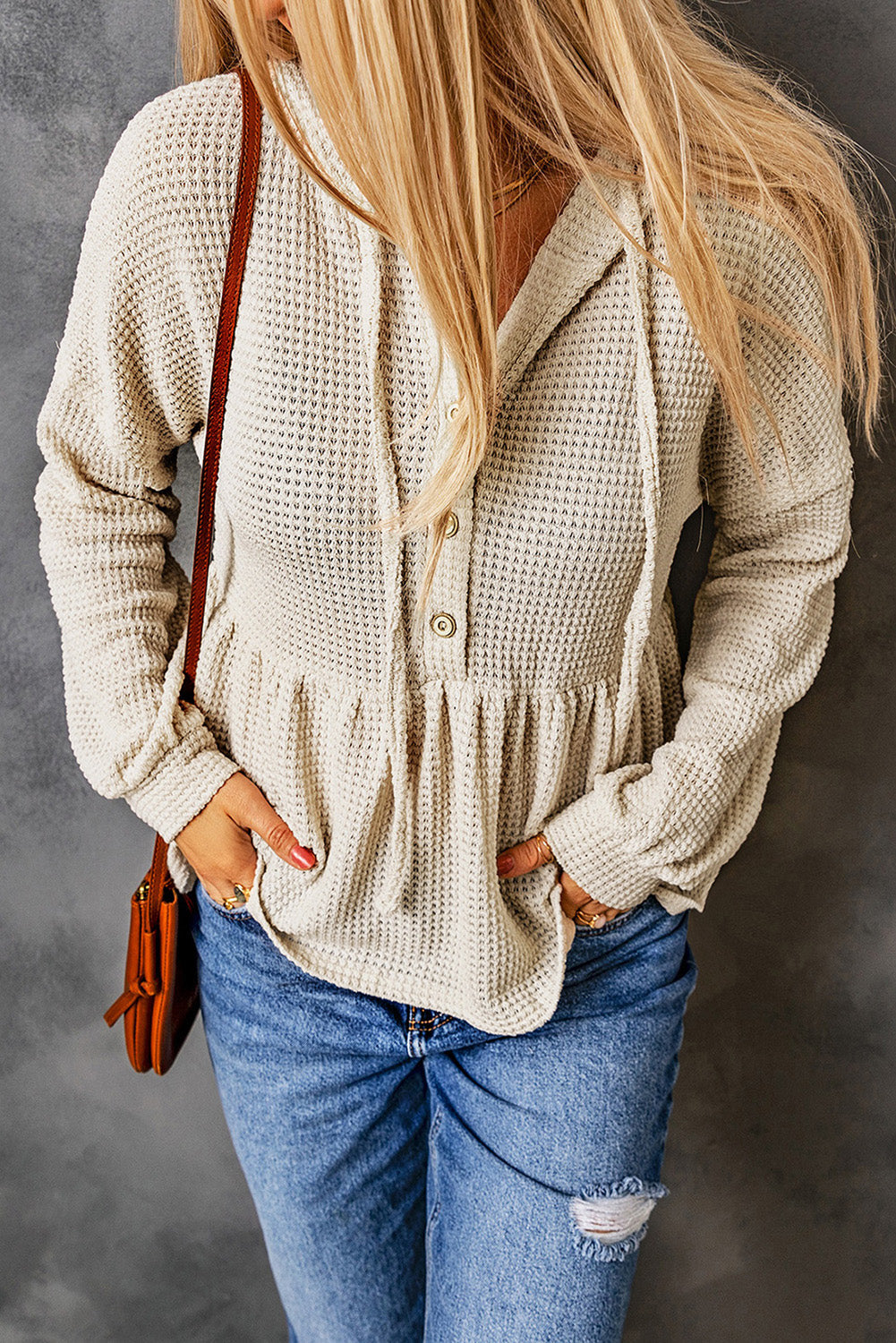 Apricot Waffle Knit Buttons Ruffled Hooded Top