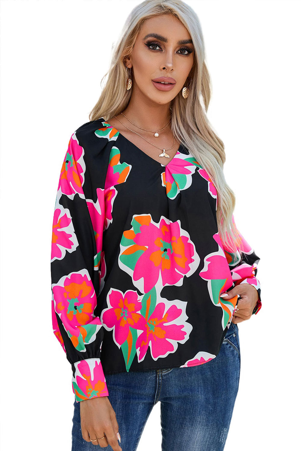 Black Flower Print Puff Sleeve Blouse