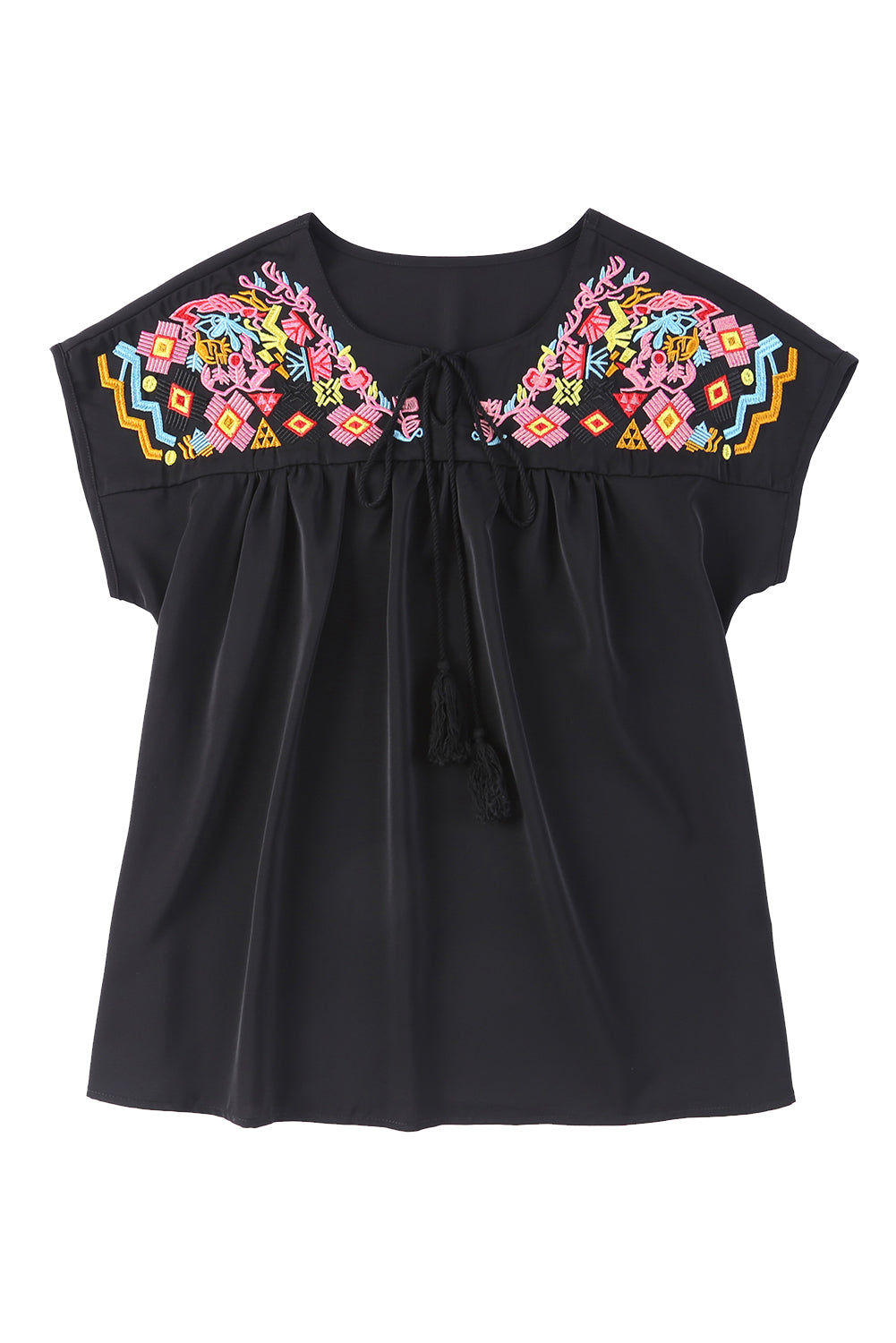 Black Geometric Floret Embroidered Short Sleeve Blouse