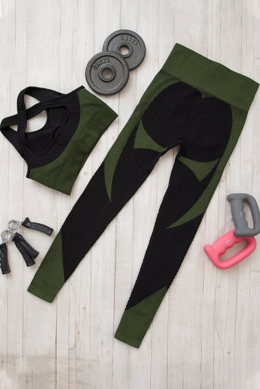 Green-2 3pcs Long Sleeve Crop Top Bra and Leggings Active Set