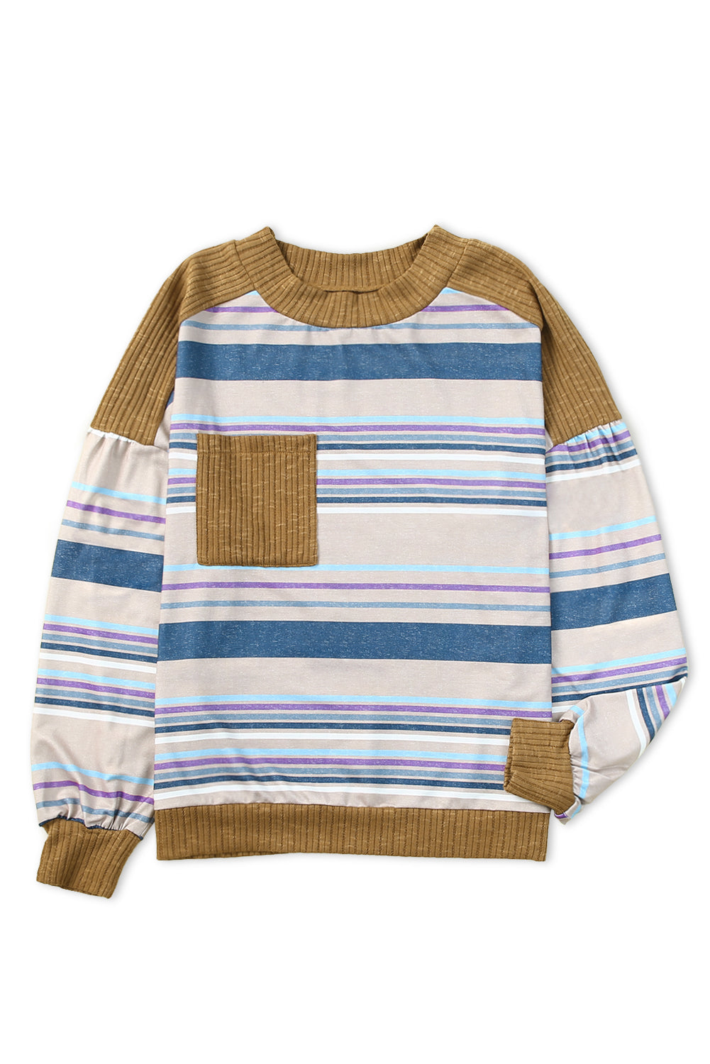 Striped Print Ribbed Knit Patchwork Pullover Top