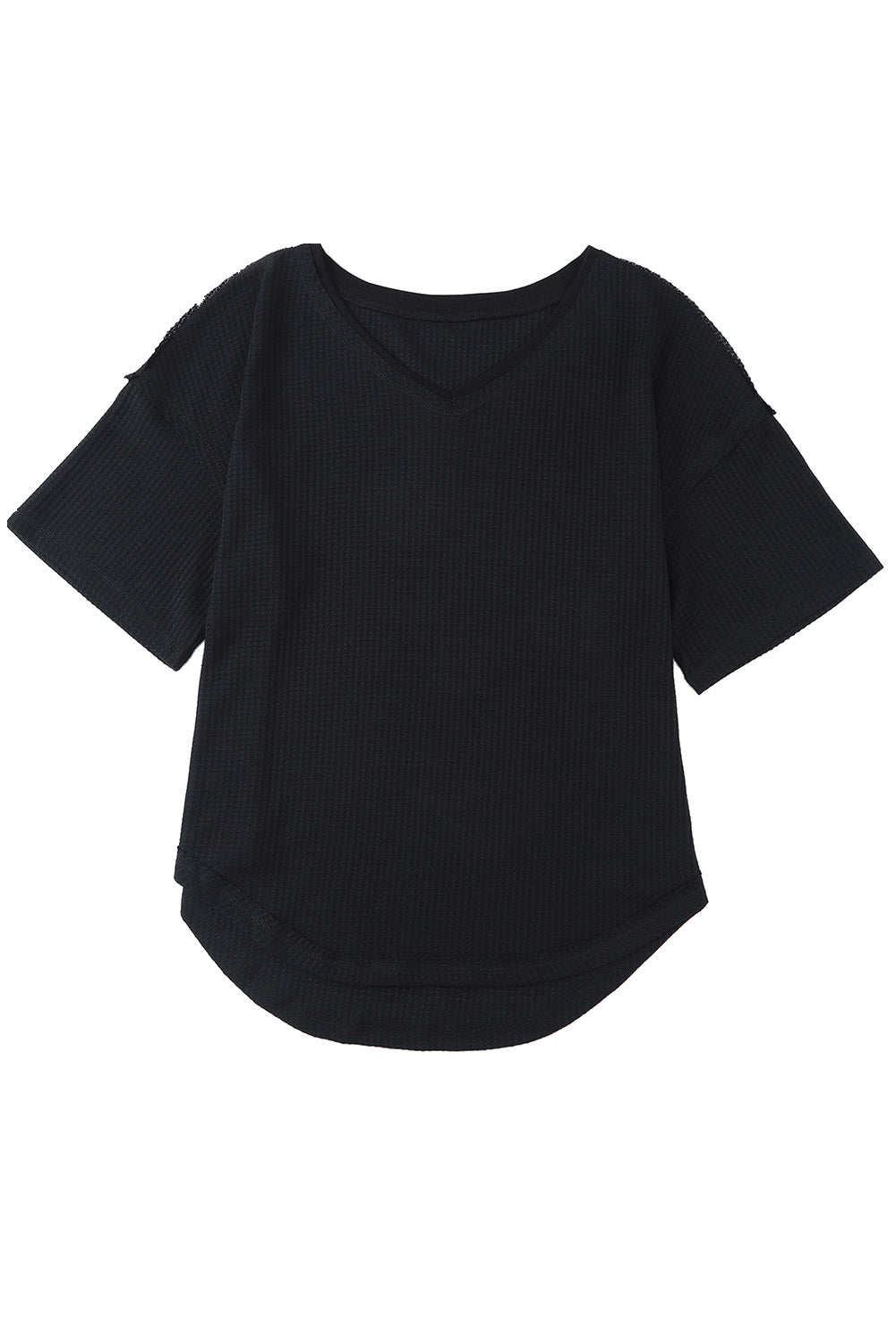 Black Waffle Knit Drop Shoulder Loose Top