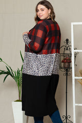 Red Buffalo Plaid Leopard Colorblock Plus Size Duster Cardigan