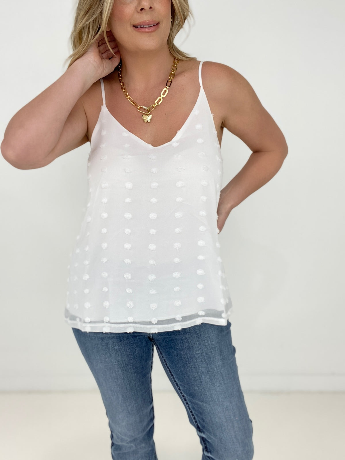 Swiss Dot Adjustable Strap V-Neck Cami Top