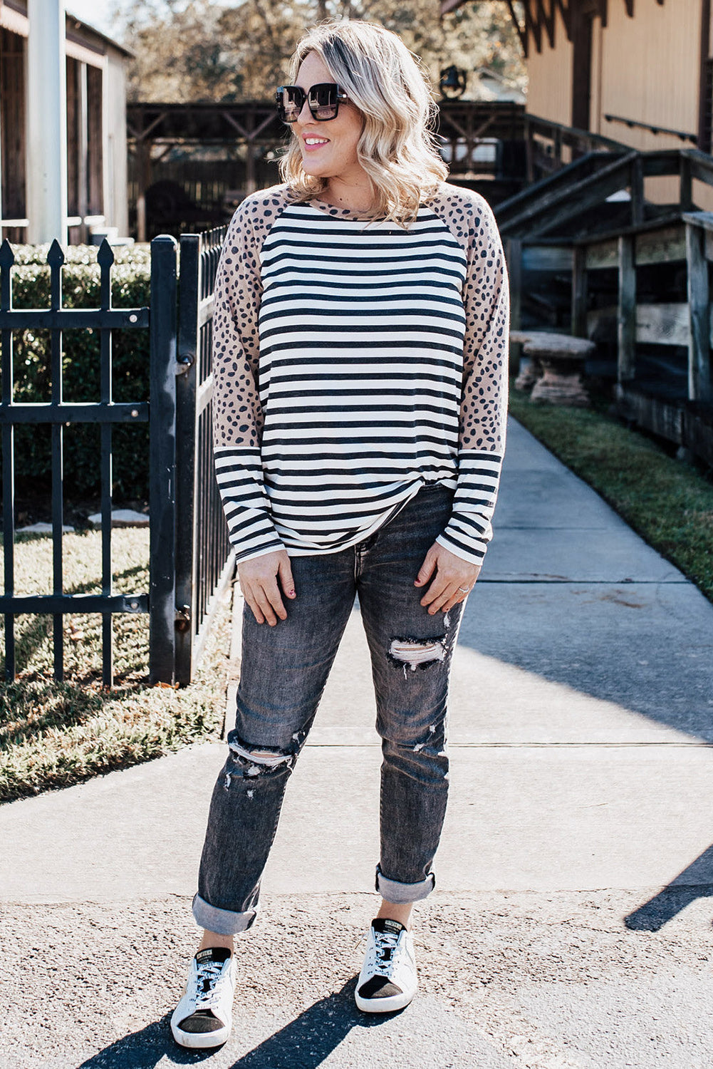 White Stripe Cheetah Raglan Top