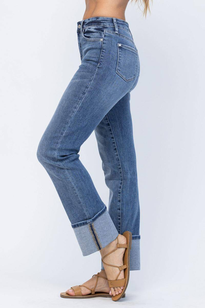 High Waist Straight Leg Jeans with Wide Cuff