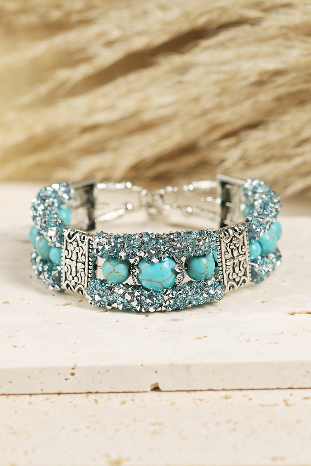 Green Western Turquoise Beads Rhinestone Carved Bracelet