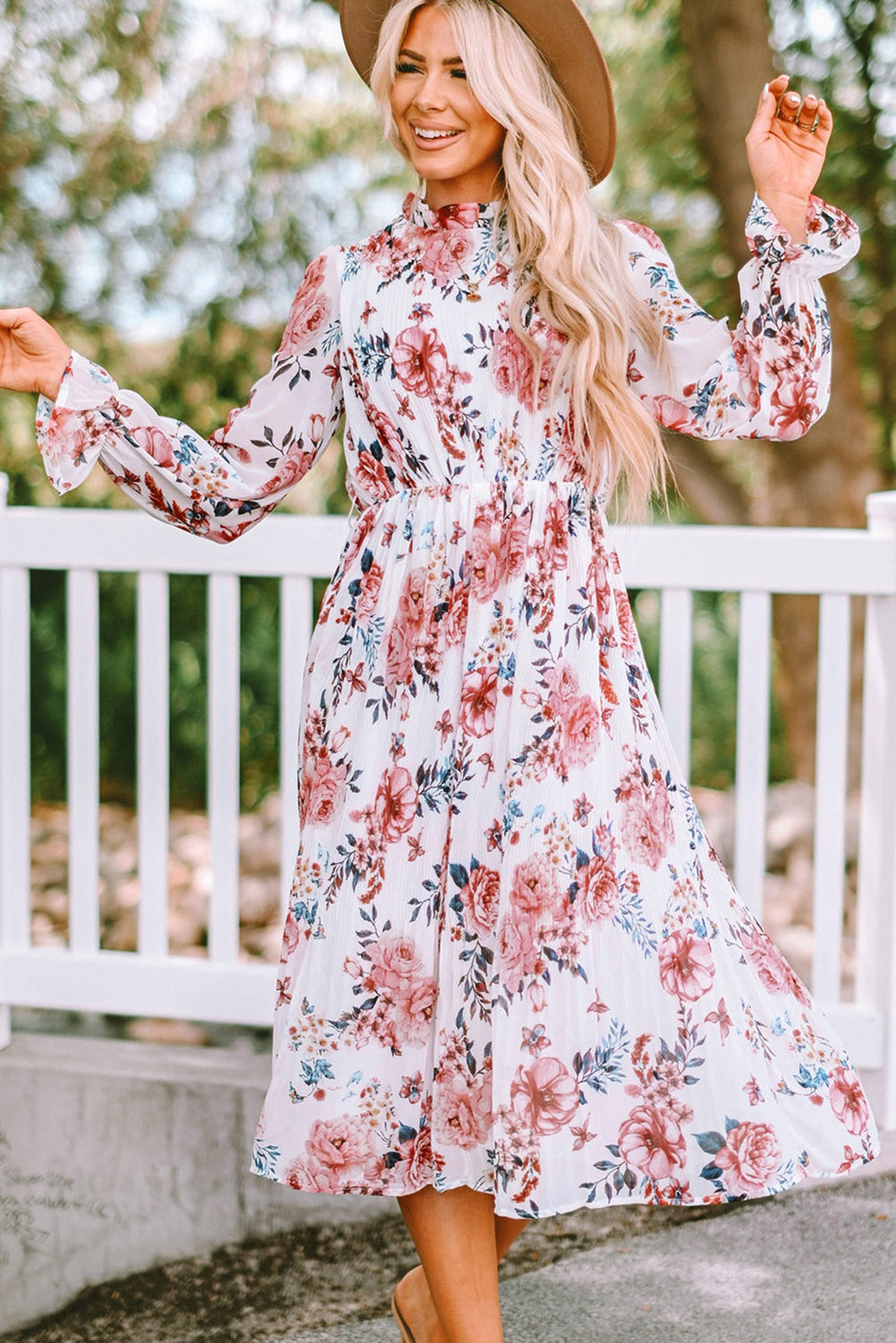 Beige Floral Print Puffy Sleeve Ruffled Midi Dress