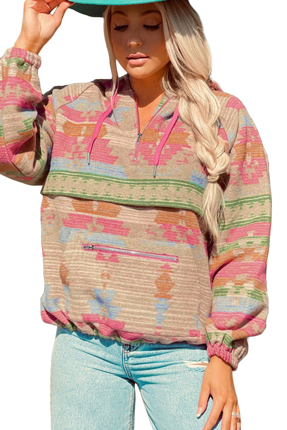 Multicolor Aztec Printed Kangaroo Pocket Zipped Hoodie