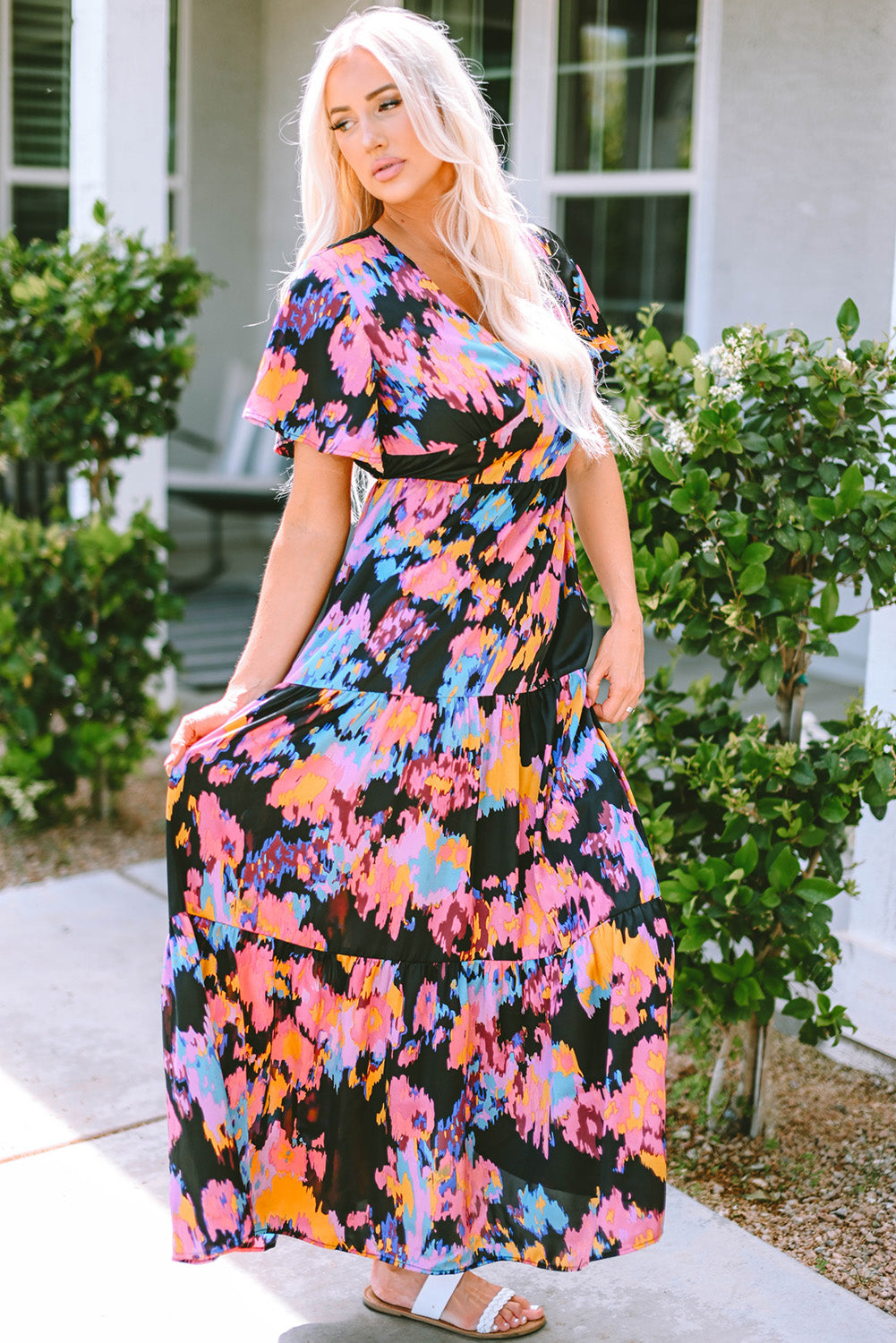 Black Smocked Tie-dye Print Midi Dress