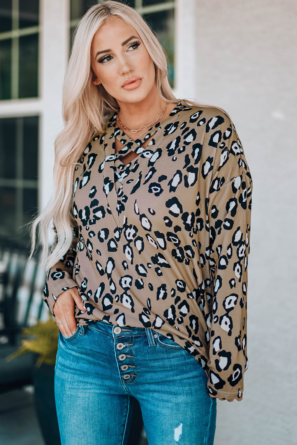 Leopard Crisscross V Neck Leopard Long Sleeve Tops