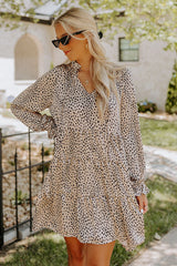 Khaki Leopard Print Ruffled V Neck Long Sleeve Mini Dress