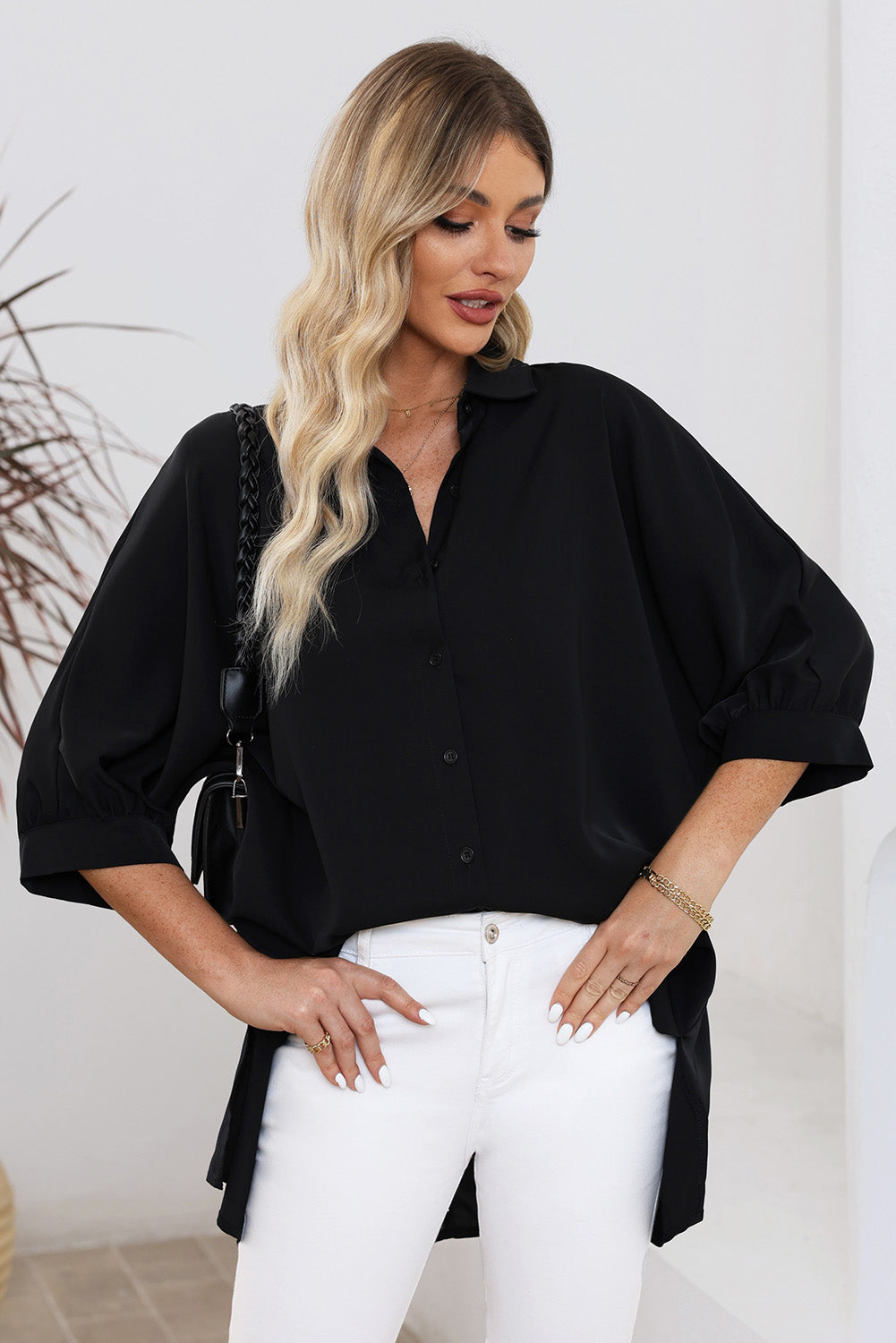 Green 3/4 Puff Sleeve Oversize Shirt