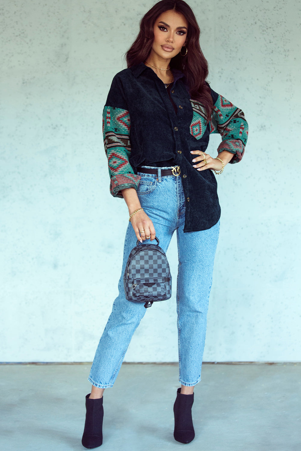 Gray  Aztec Pattern Sleeve Pocketed Corduroy Shacket
