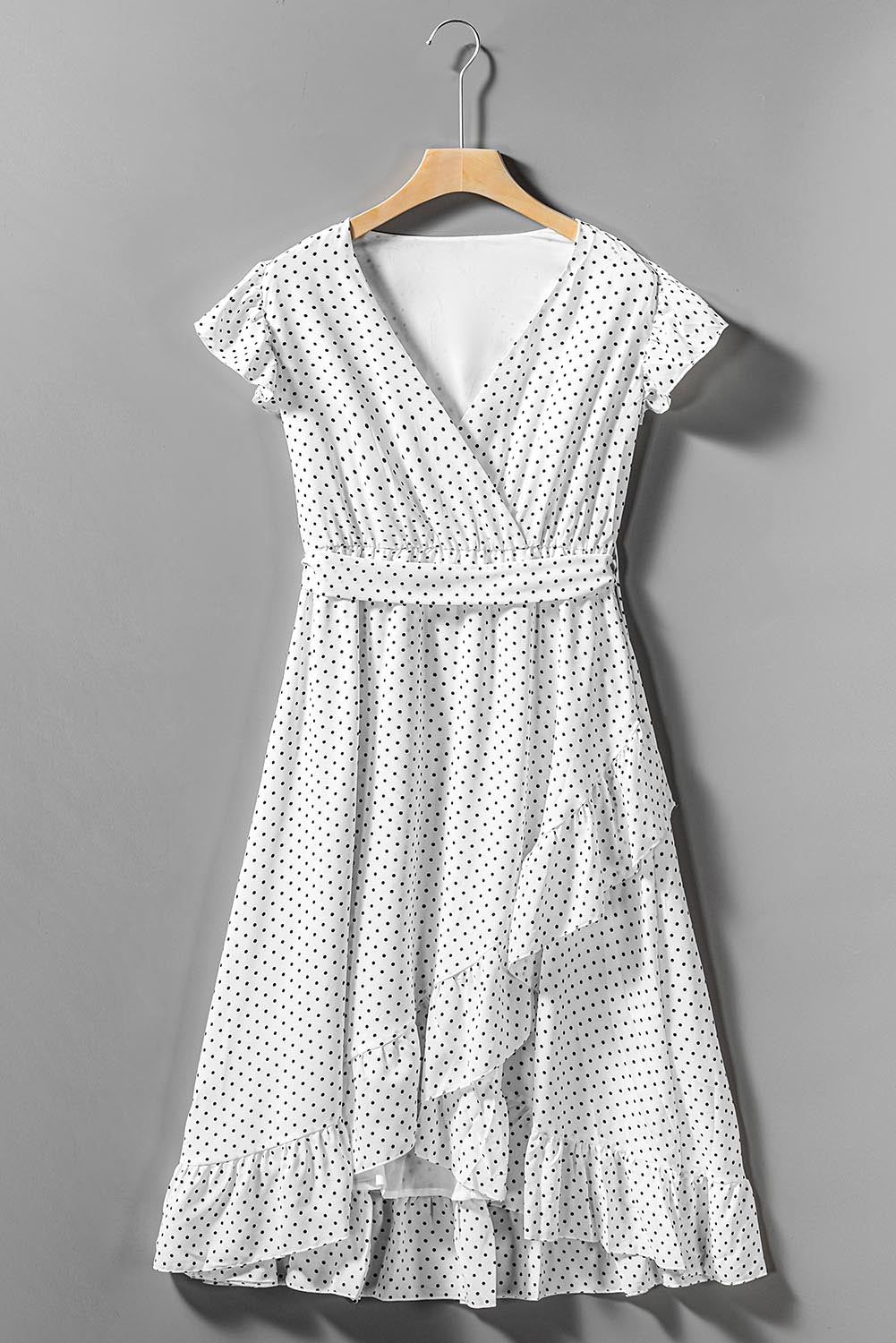 White Polka Dot V Neck Wrap Tie Ruffled Sleeve Midi Dress