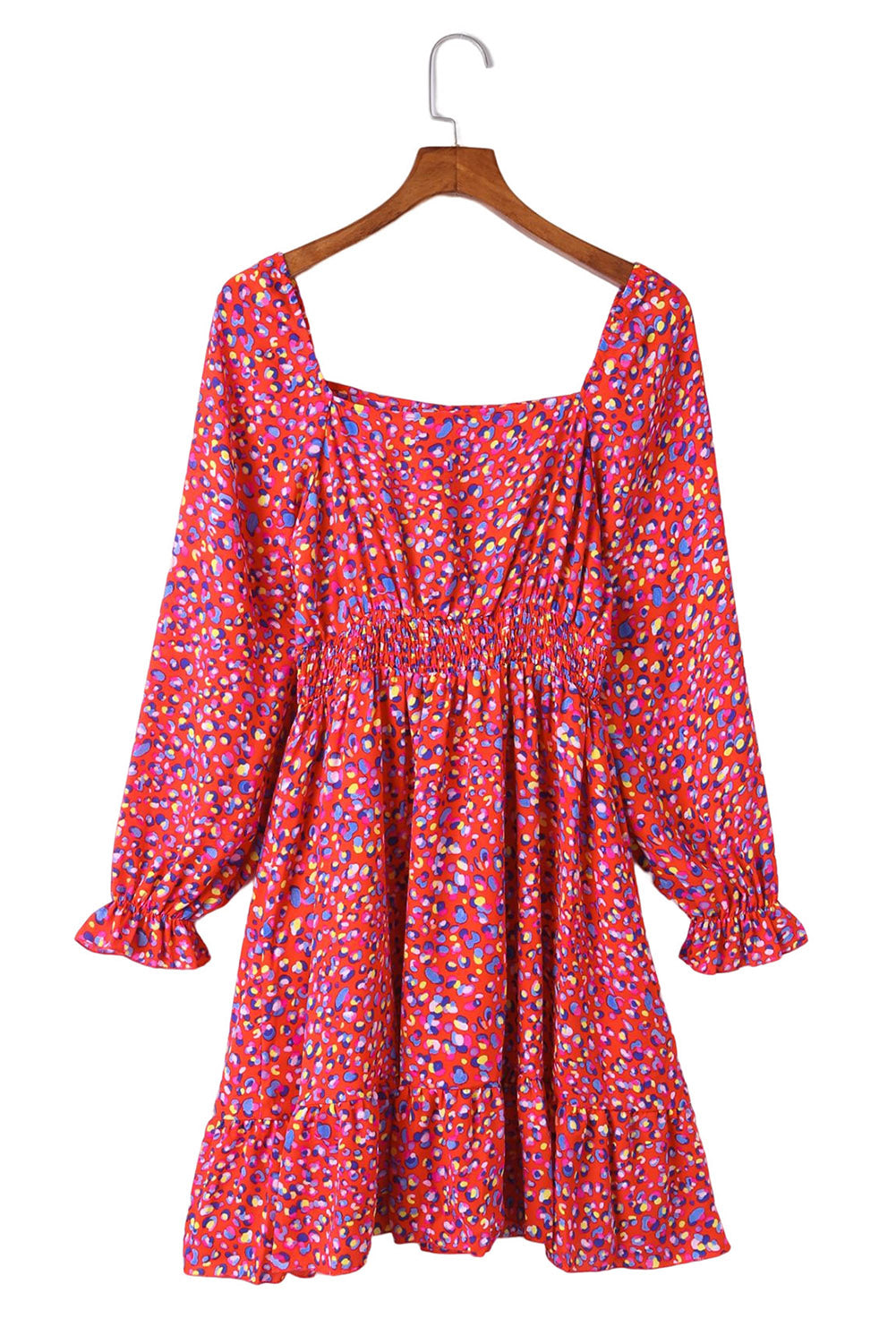 Red Square Neck Spring Floral Dress