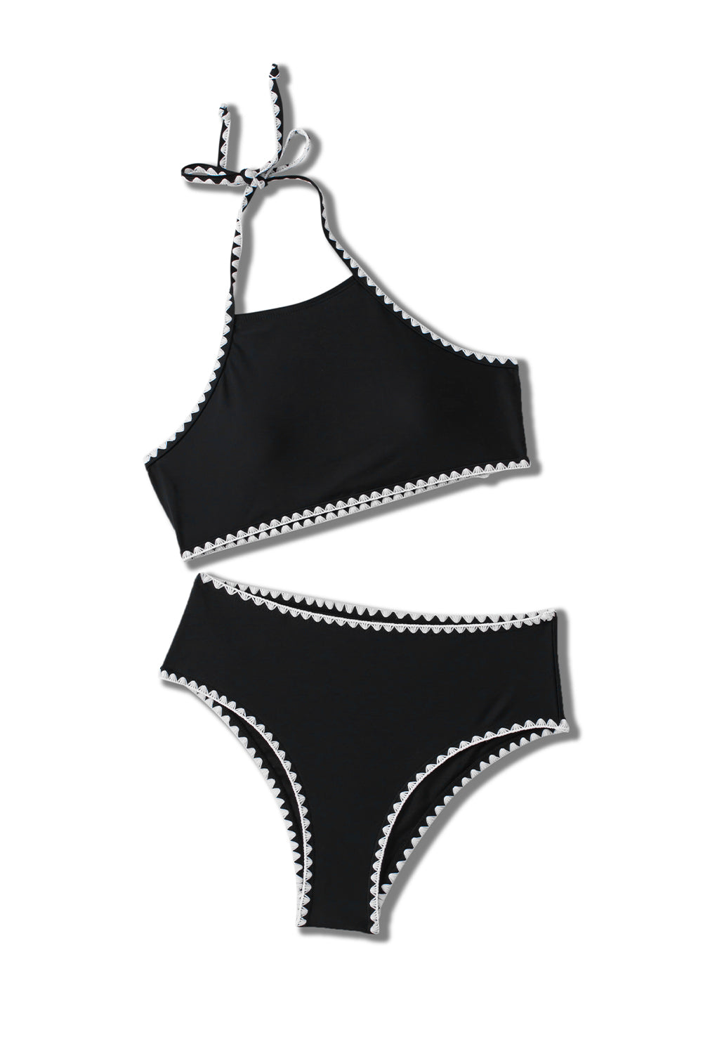 Black Contrast Binding High Waist Halter Bikini Set