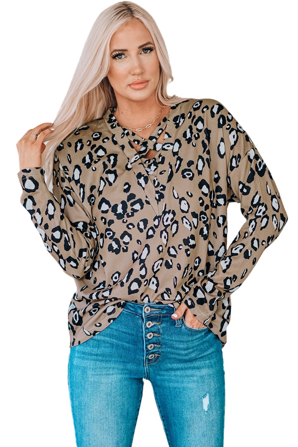 Leopard Crisscross V Neck Leopard Long Sleeve Tops