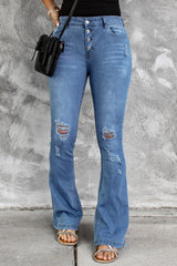 Light Blue Mid Rise Button Front Flare Denim