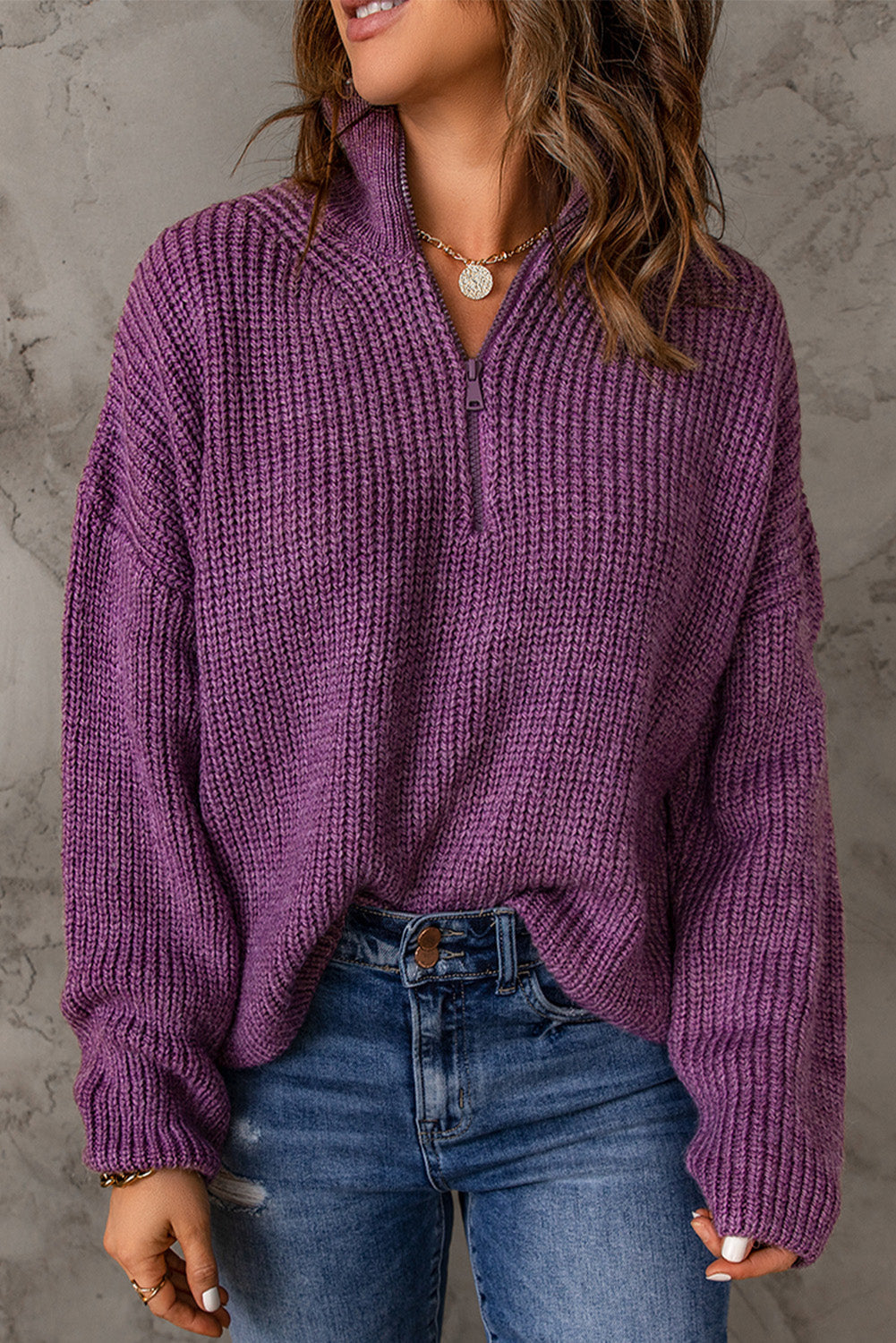 Red Zipped Turtleneck Drop Shoulder Knit Sweater