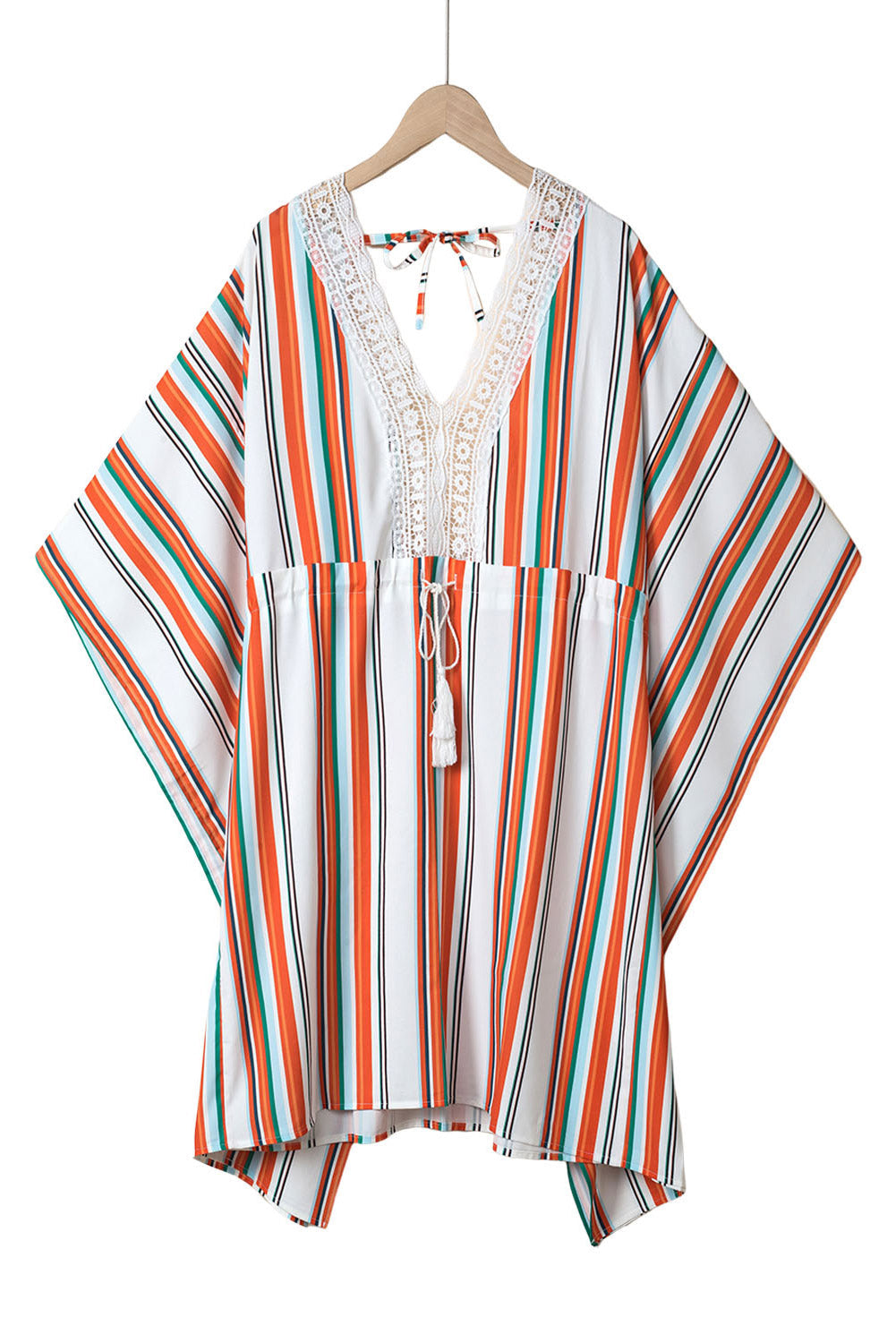 Multicolor Striped Lace V Neck Wide Sleeves Cinched Swimsuit Cover up