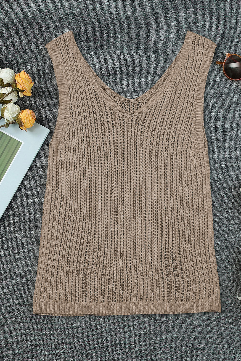 Green Hollowed Knit V Neck Tank Top