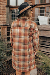 Orange Plaid Button up Side Slit Shirt Dress