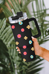 Black Cute Florets 304 Stainless Double Layer Thermos Cup