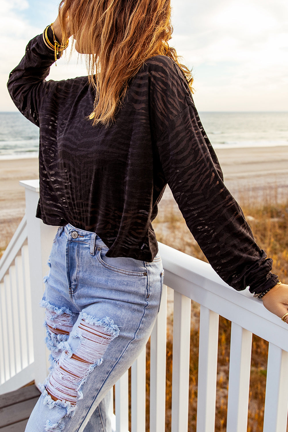 Black Zebra Print Drop Shoulder Long Sleeve Top