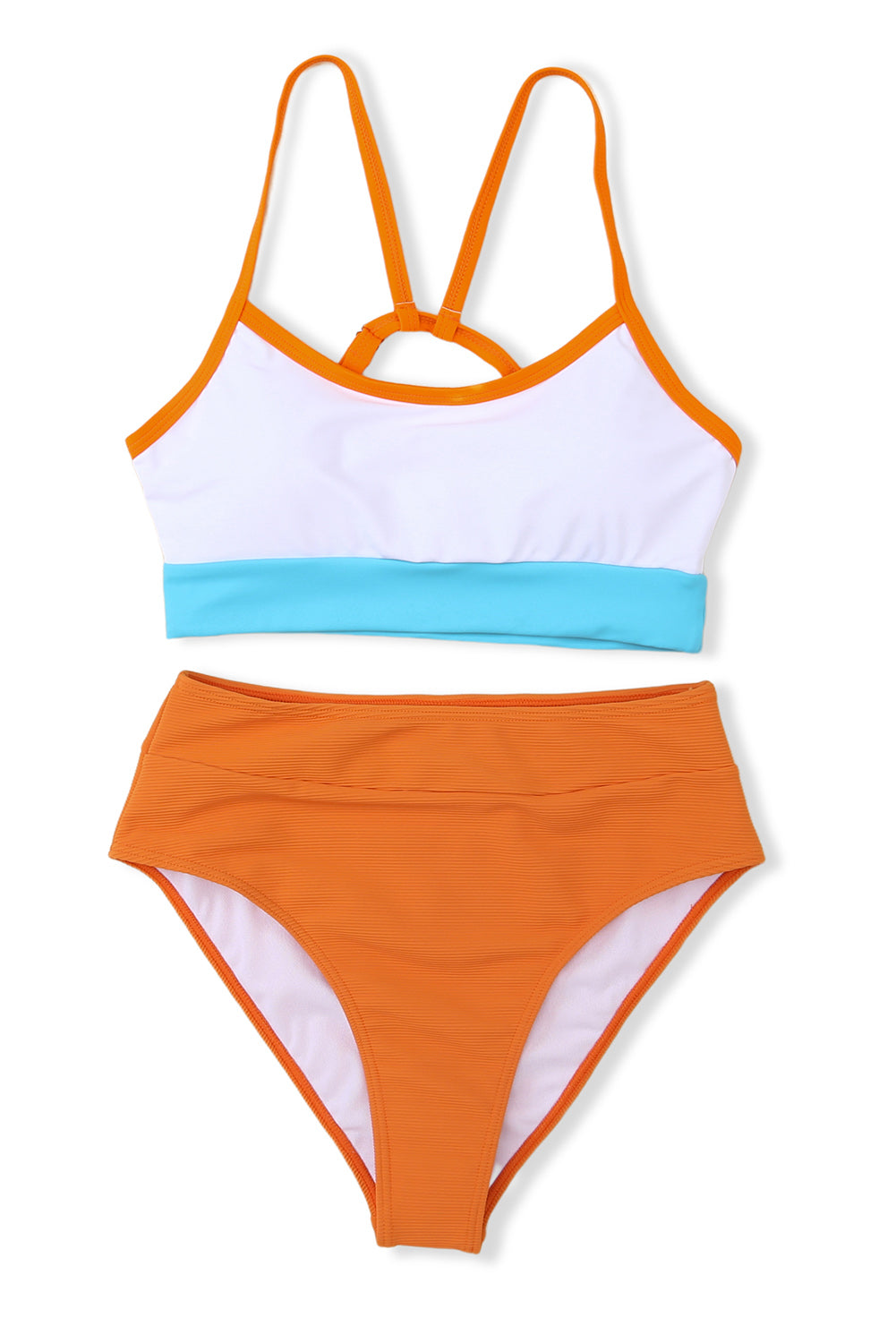 Orange Color Block Spaghetti Strap High Waist Bikini Swimsuit