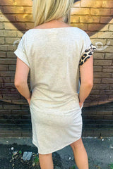 Gray Leopard Contrast Rolled Short Sleeve Dress