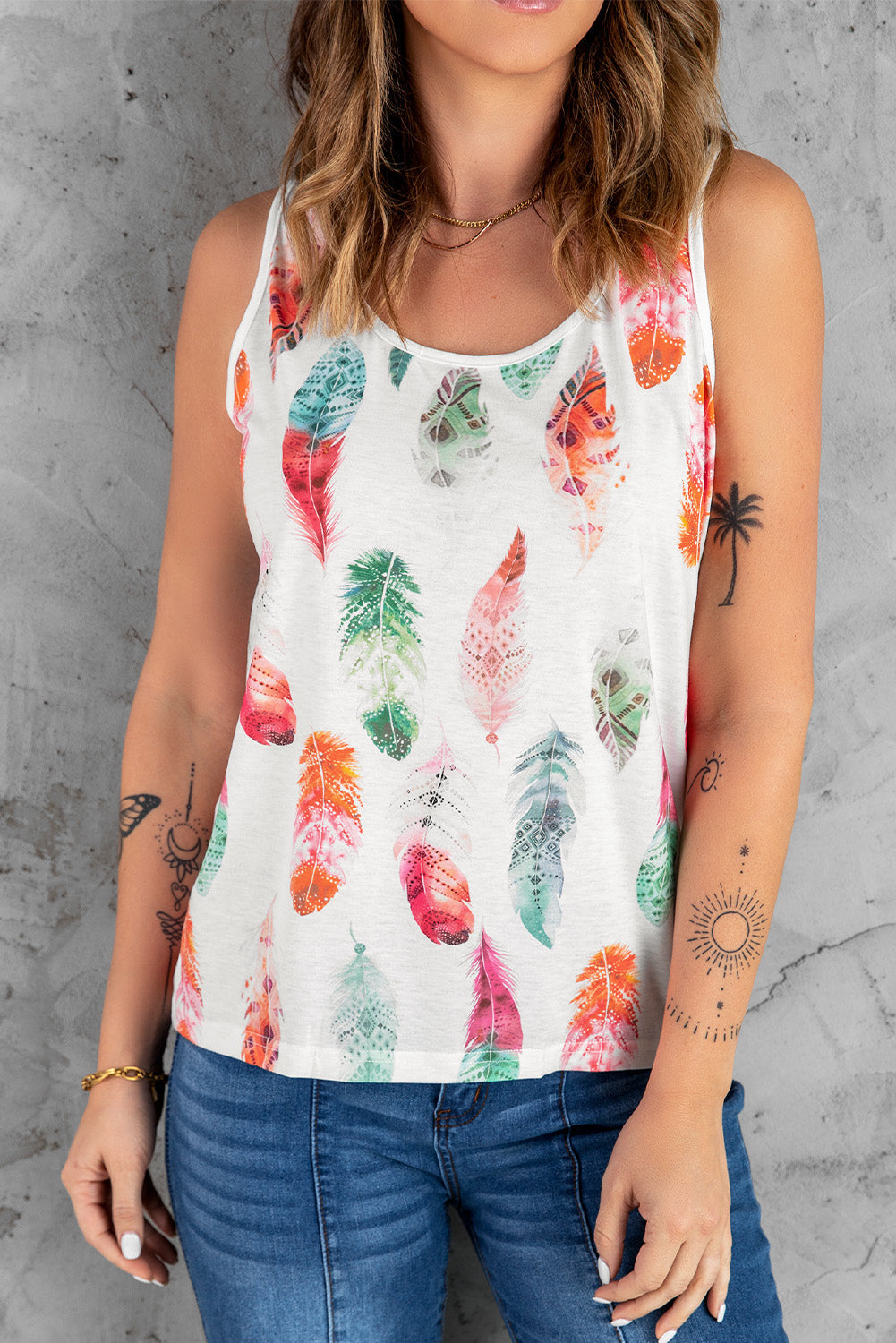 White Aztec Feather Tank Top