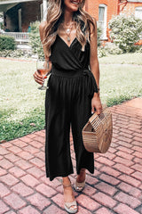 Black Surplice V Neck Wide Leg Jumpsuit