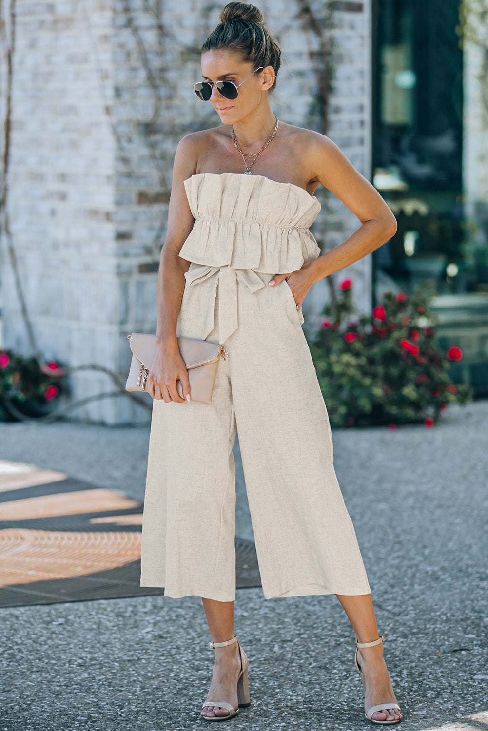 Black Ruffled Strapless Wide Leg Jumpsuit