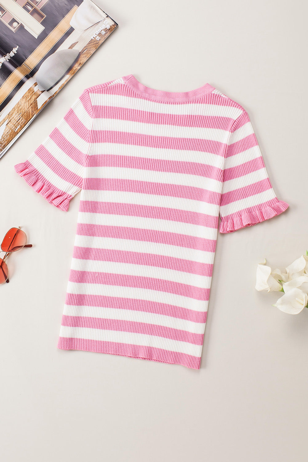 Pink Striped Ruffled Short Sleeve O-neck Knit Sweater Top