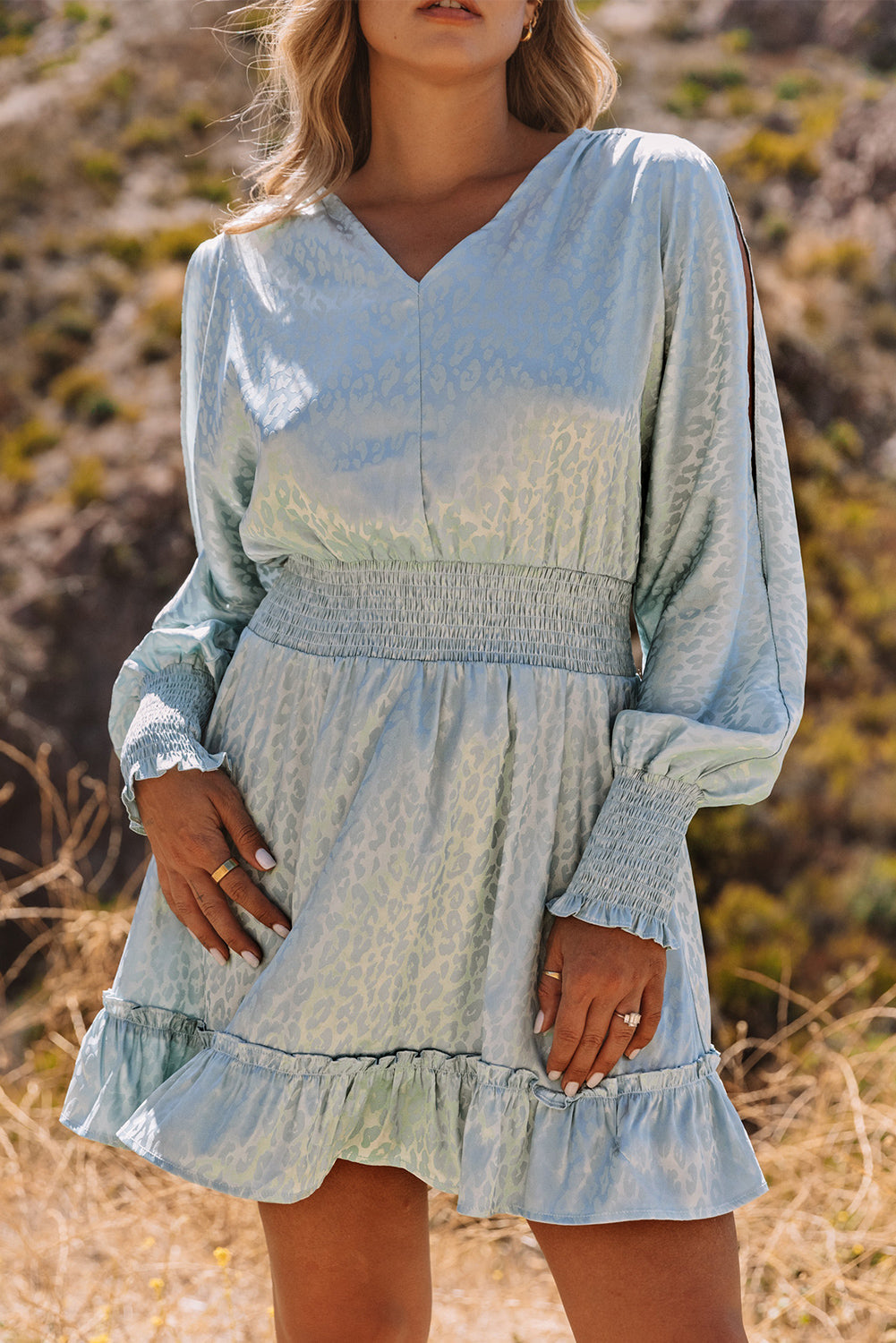 Sky Blue Split Sleeves Smocked Waist Leopard Satin Dress