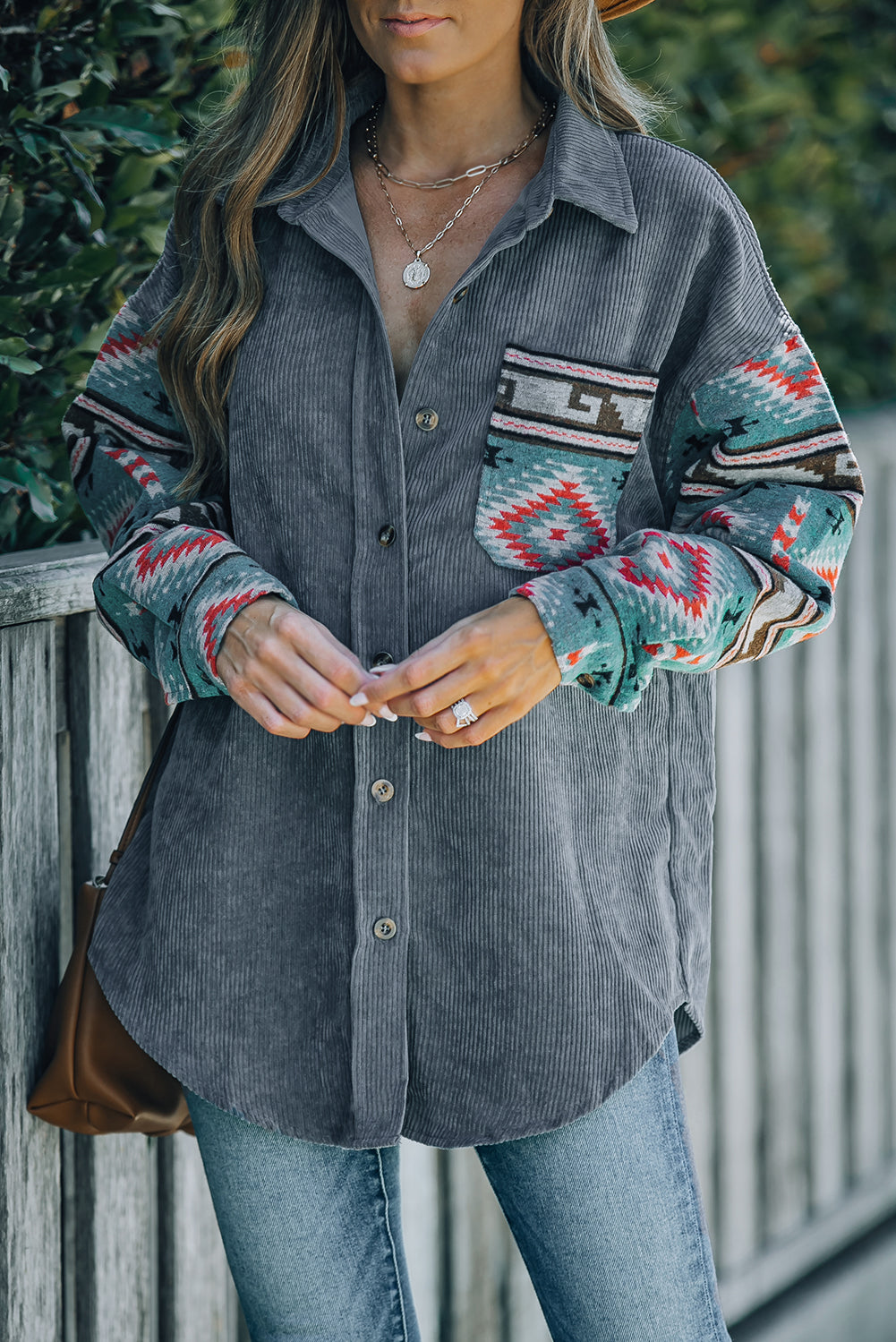 Gray  Aztec Pattern Sleeve Pocketed Corduroy Shacket