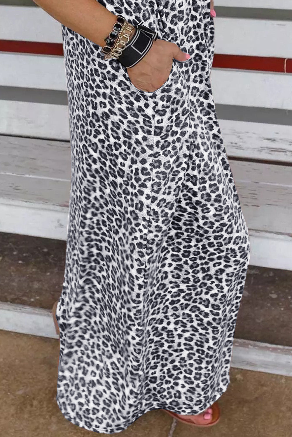 Gray Leopard Patchwork Ribbed Maxi Dress with Pockets