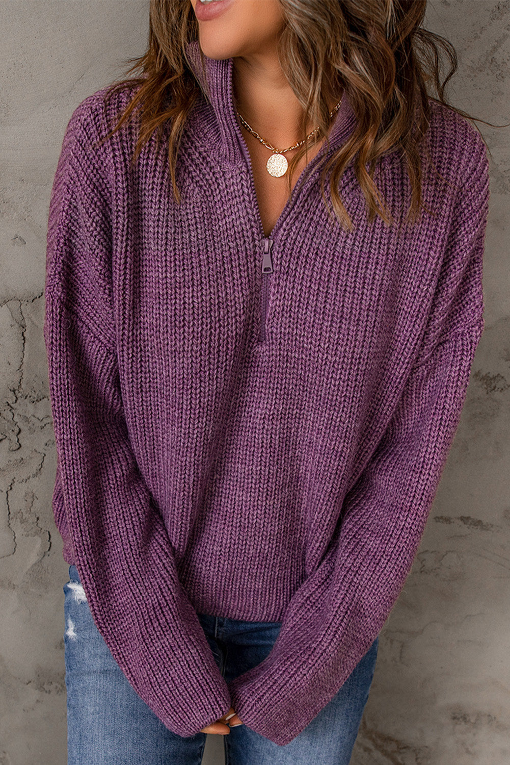 Red Zipped Turtleneck Drop Shoulder Knit Sweater