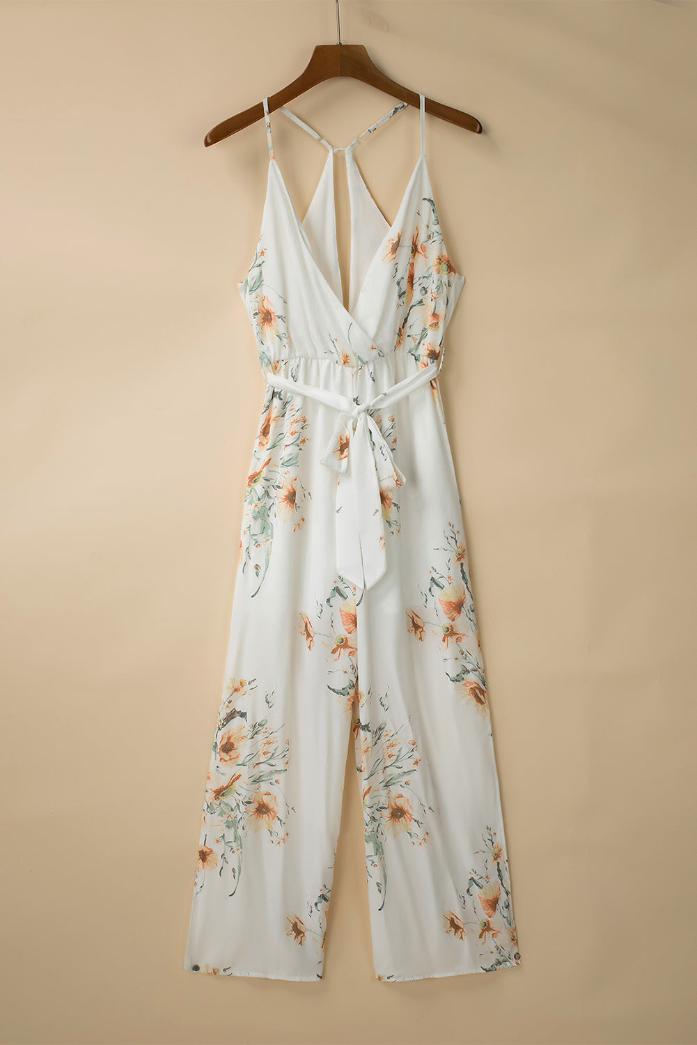 White Poppy Print Belted Cami Wide Leg Jumpsuit