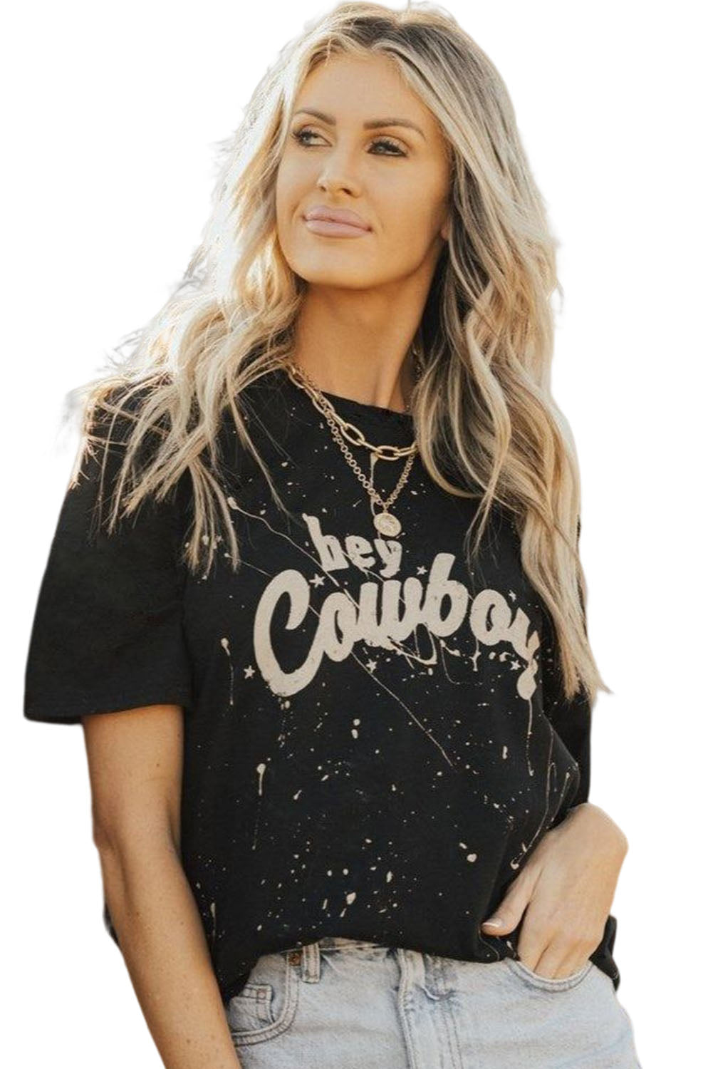 Black Hey Cowboy Vintage Splashed T Shirt