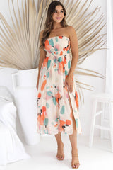 Khaki Strapless Shirred Abstract Print Split Long Dress