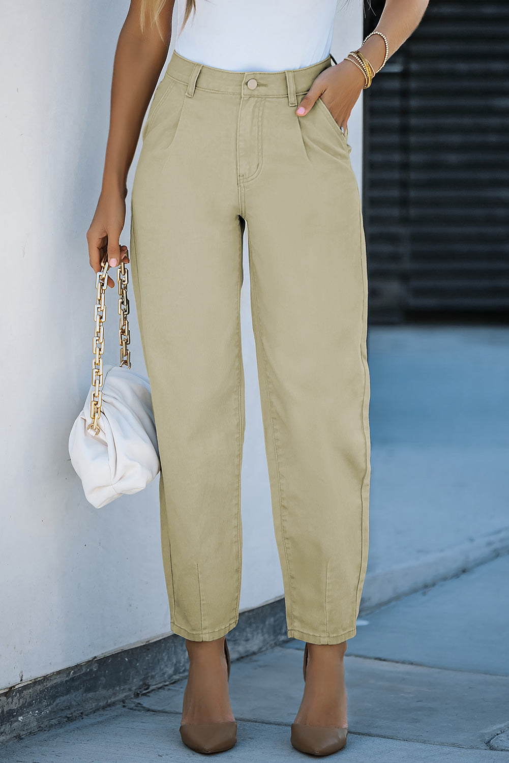 White Solid High Waist Casual Pants