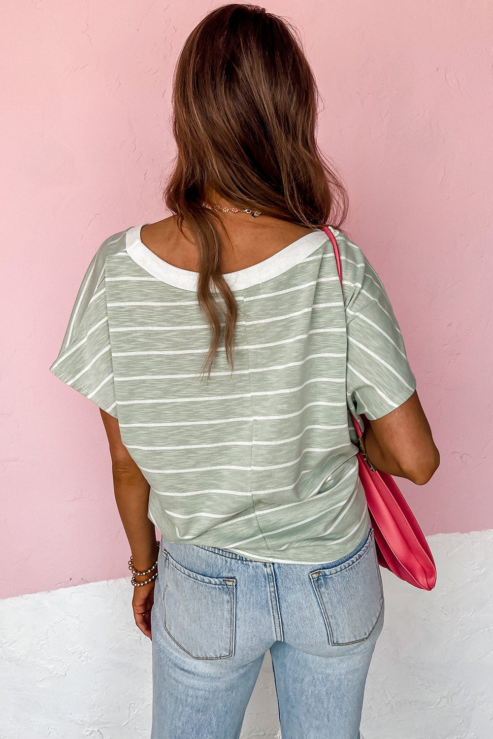 Green Stripe Short Sleeve Round Neck T-Shirt