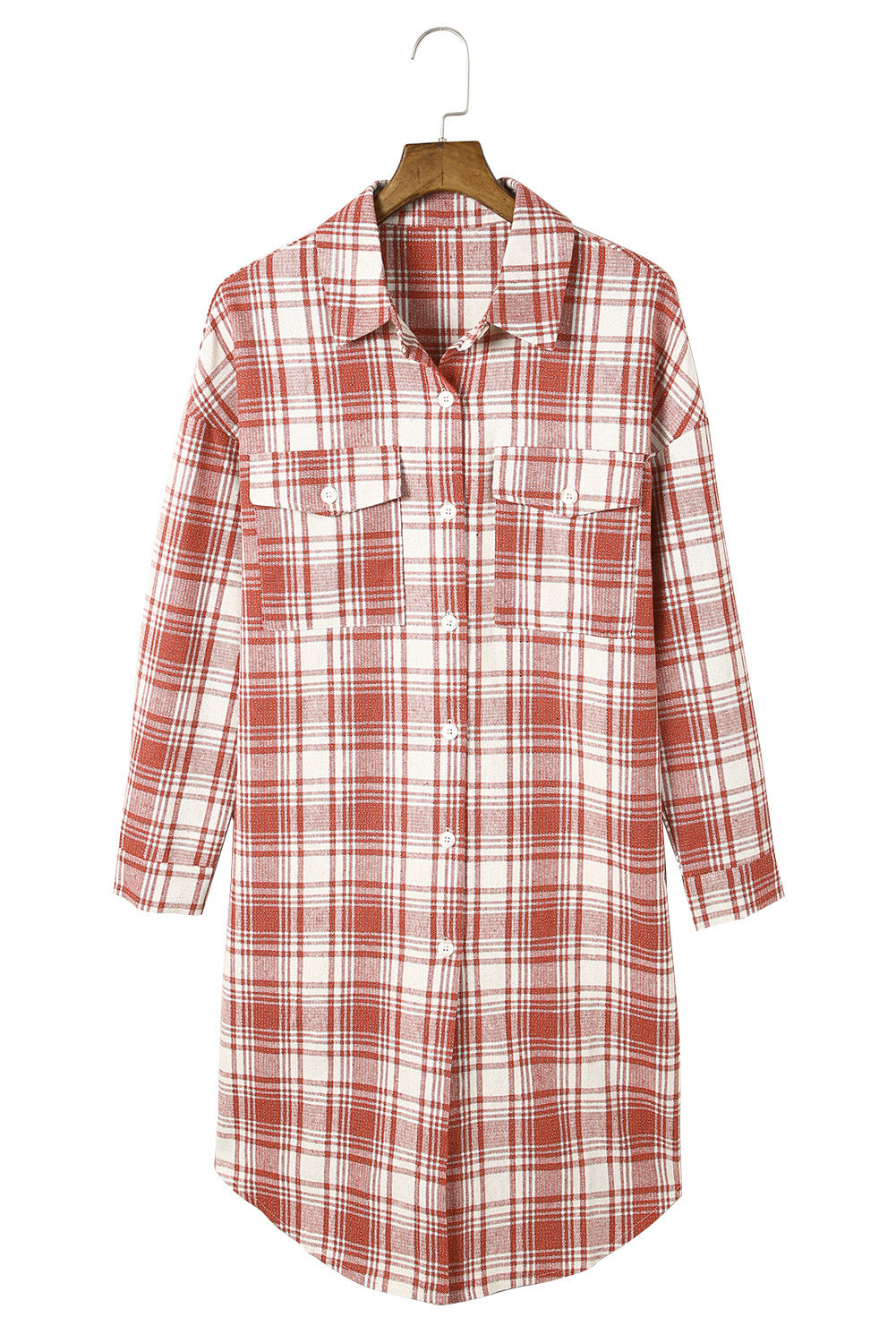 Red Plaid Print Button Long Shacket