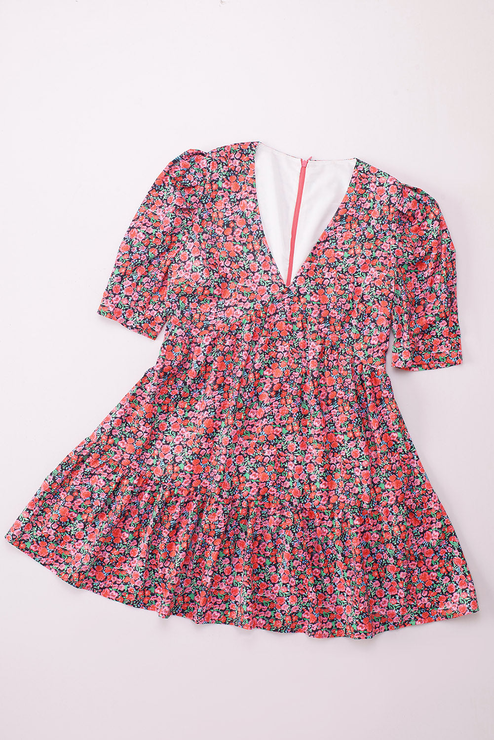 Red Vintage Puff Sleeve Side Pockets Floral Dress