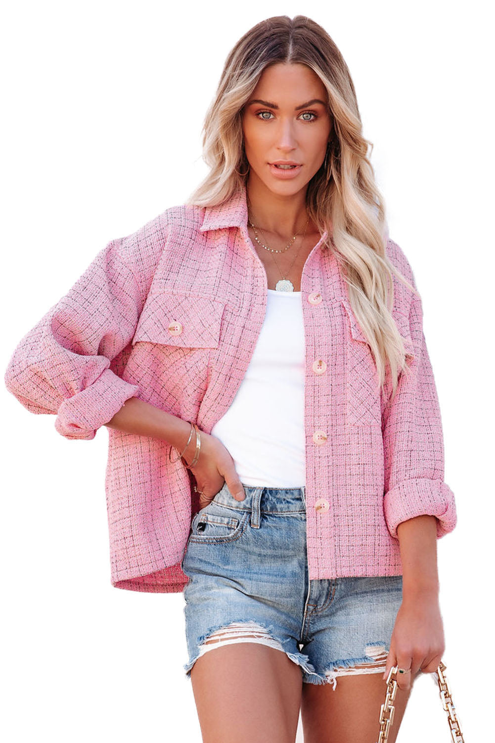 Pink Plaid Tweed Button Up Shacket