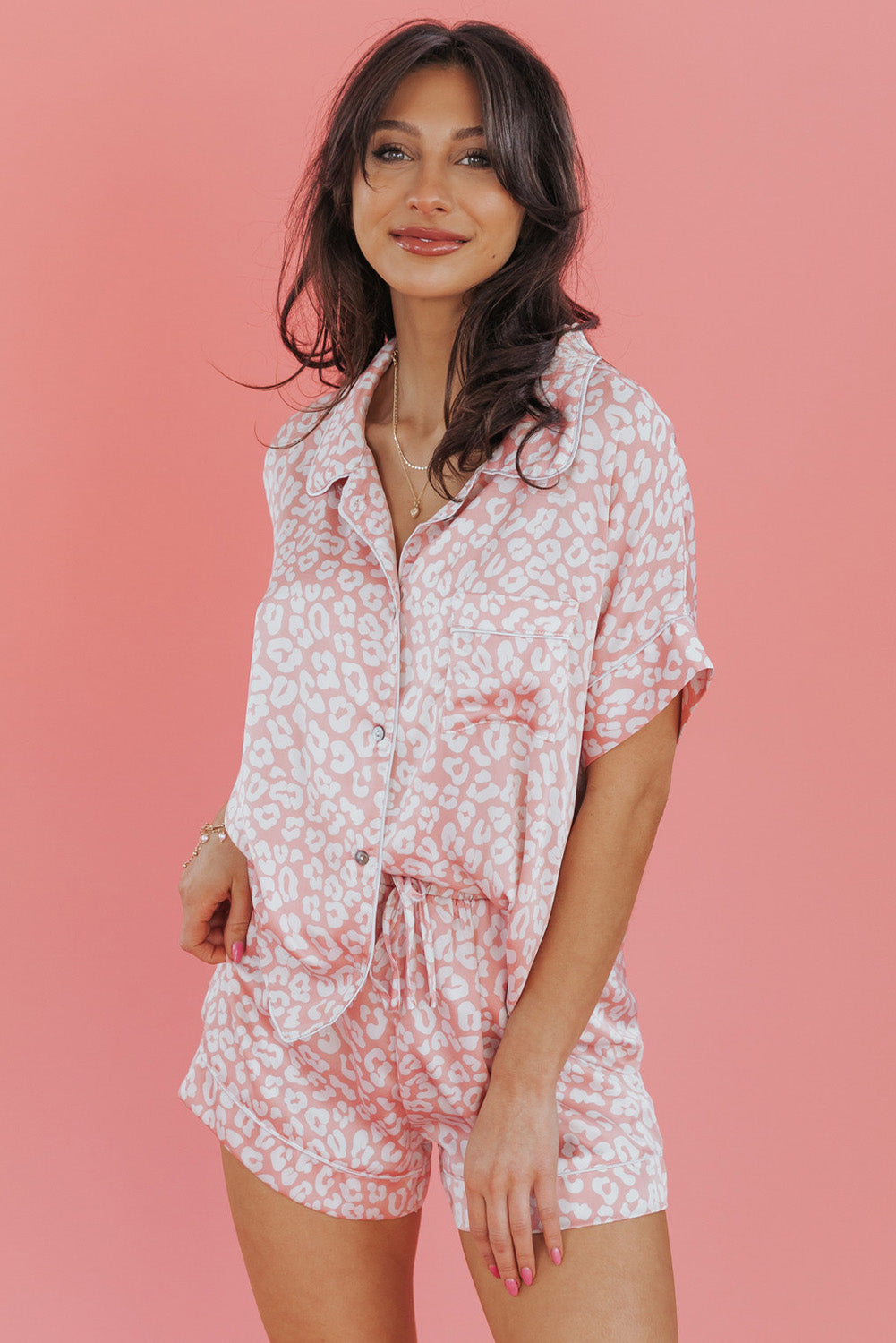 Pink Leopard Satin Shirt and Shorts Pajama Set